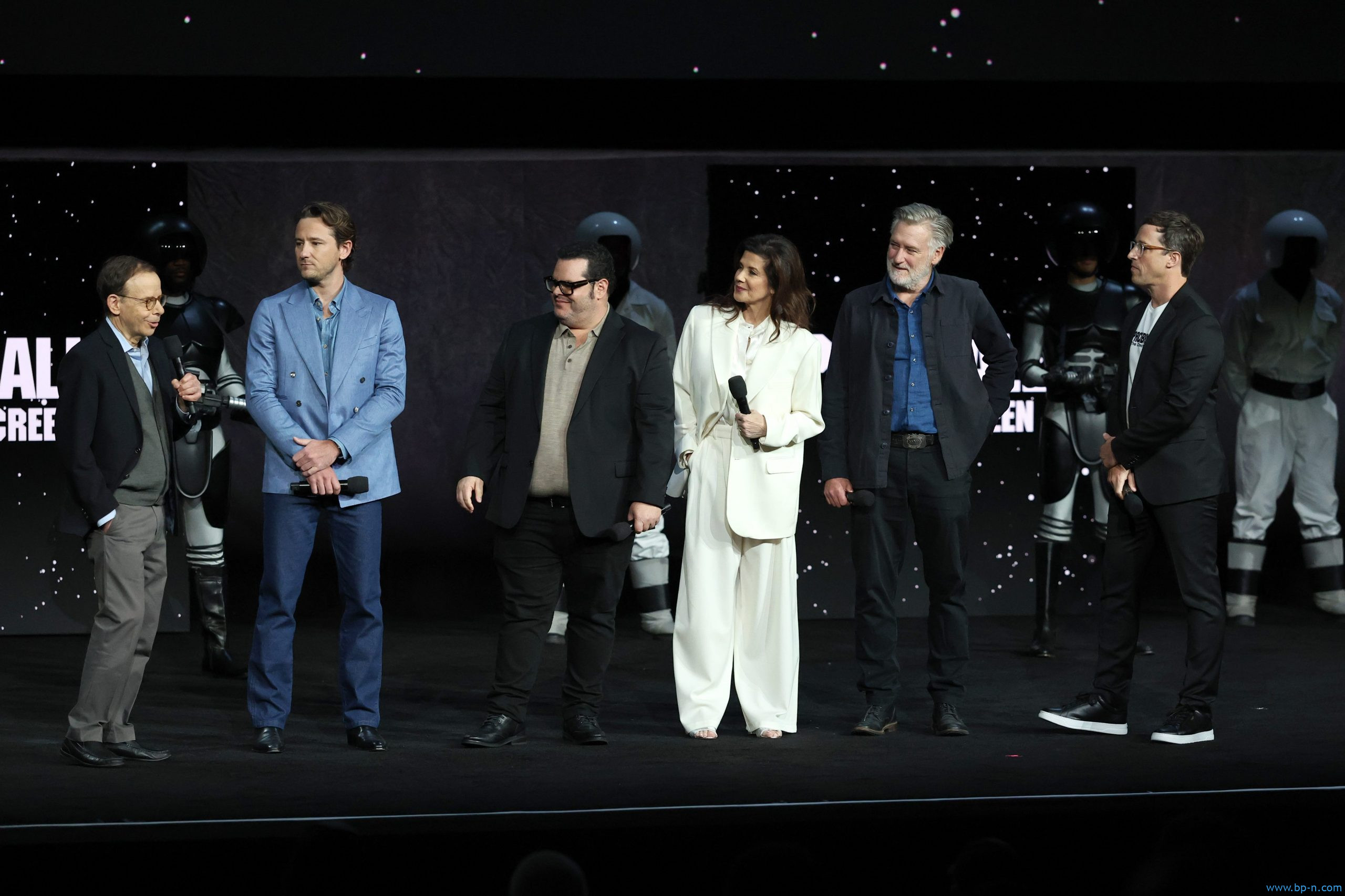 LAS VEGAS, NEVADA - APRIL 15: (L-R) Rick Moranis, Lewis Pullman, Josh Gad, Daphne Zuniga, Bill Pullman and Josh Greenbaum promote the upcoming film 